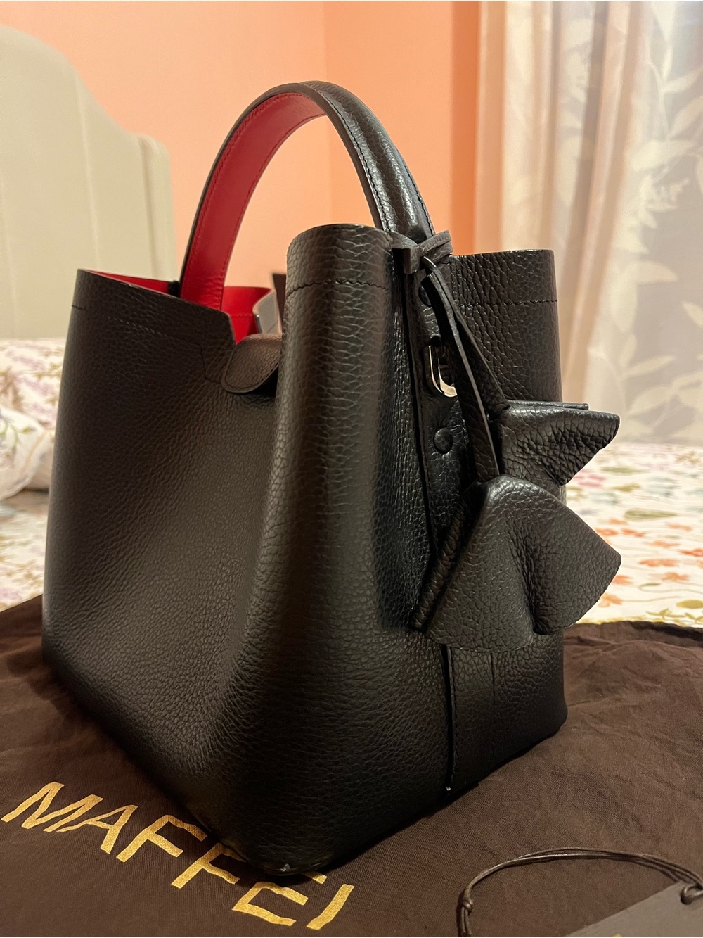 Structured Black Pebbled Leather Satchel with Red Interior